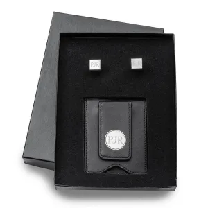 Black Leather Wallet and Modern Square Cufflinks Personalized Gift Set