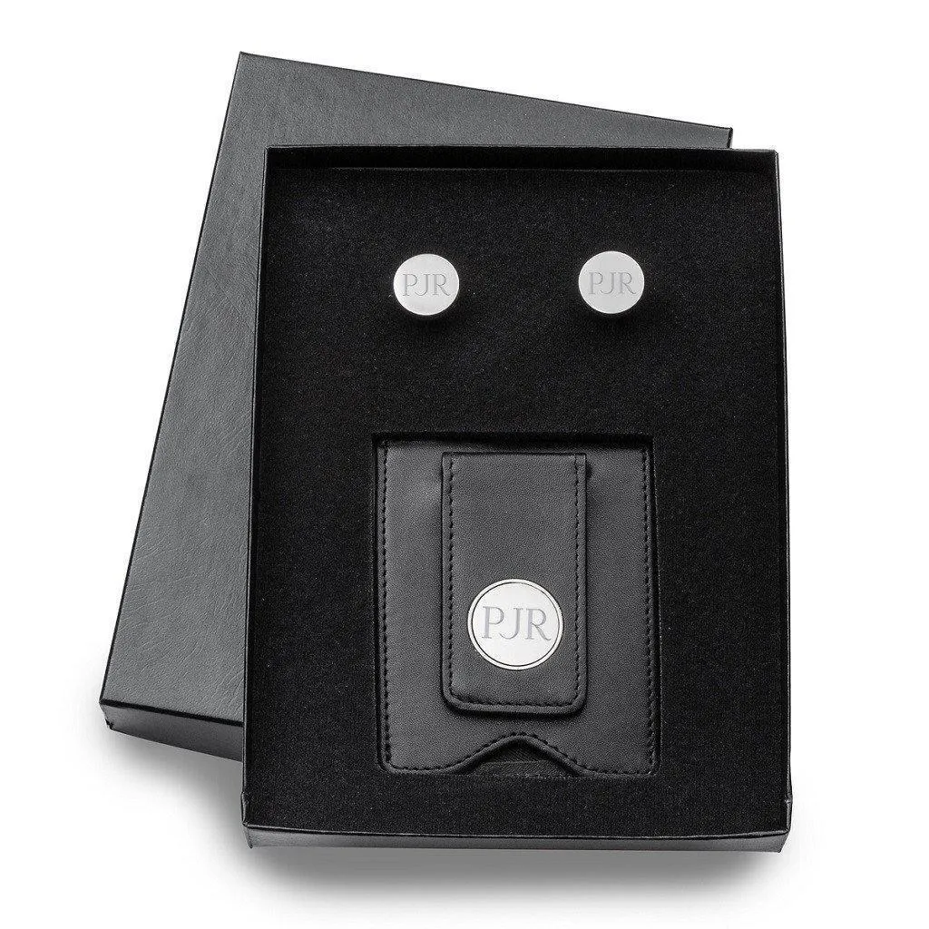 Black Leather Wallet and Pin Stripe Cufflinks Personalized Set