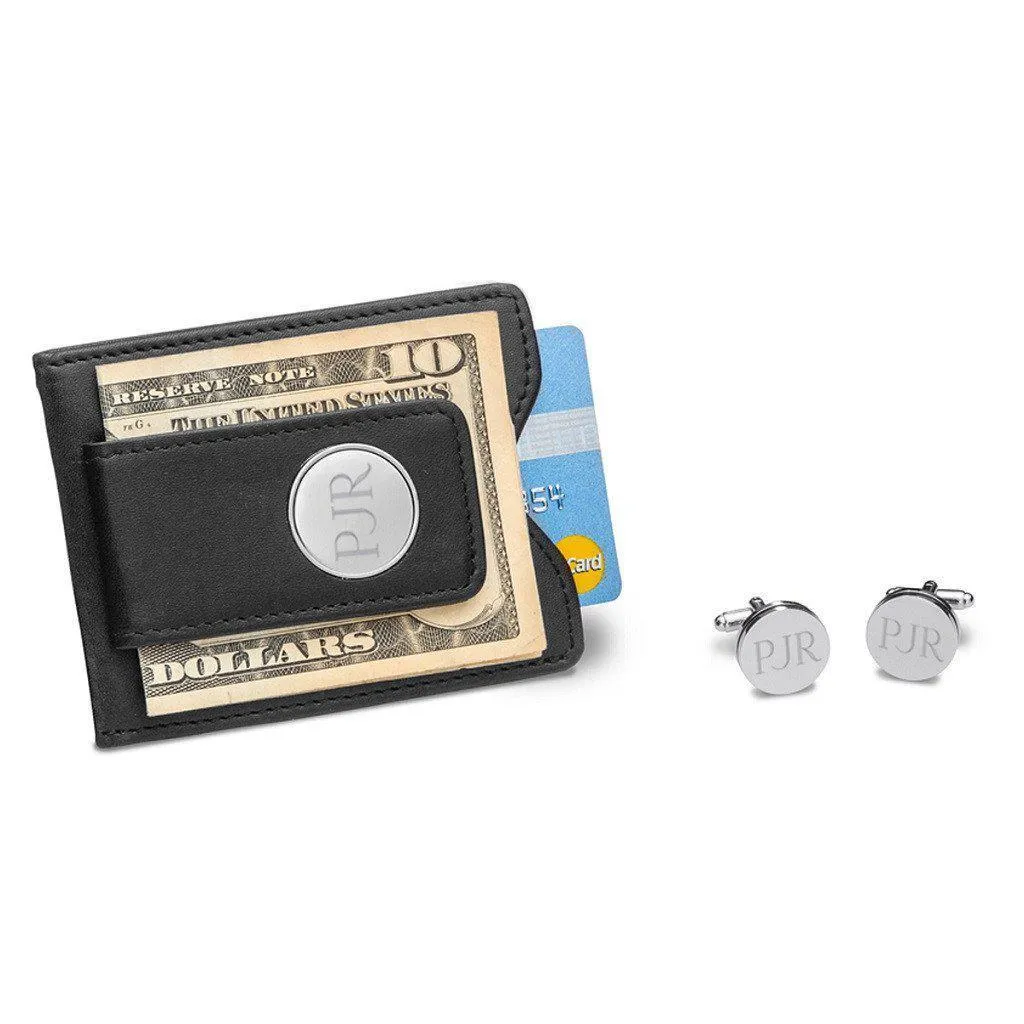 Black Leather Wallet and Pin Stripe Cufflinks Personalized Set