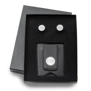 Black Leather Wallet and Pin Stripe Cufflinks Personalized Set