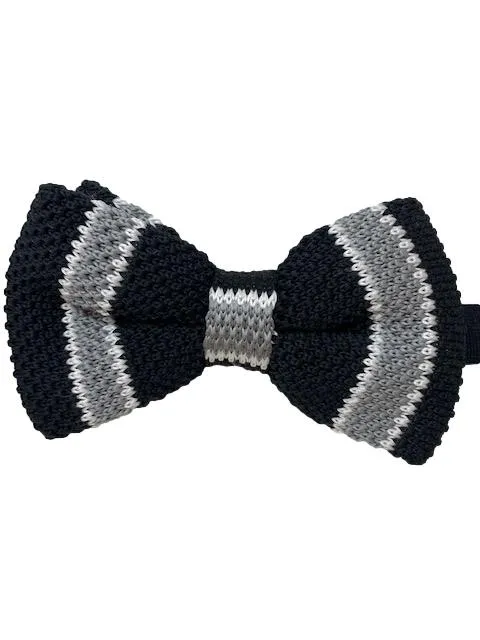 Black, Silver and White Striped Knit Bowtie