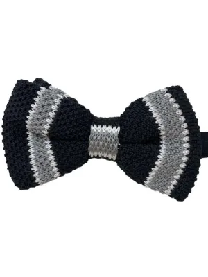 Black, Silver and White Striped Knit Bowtie