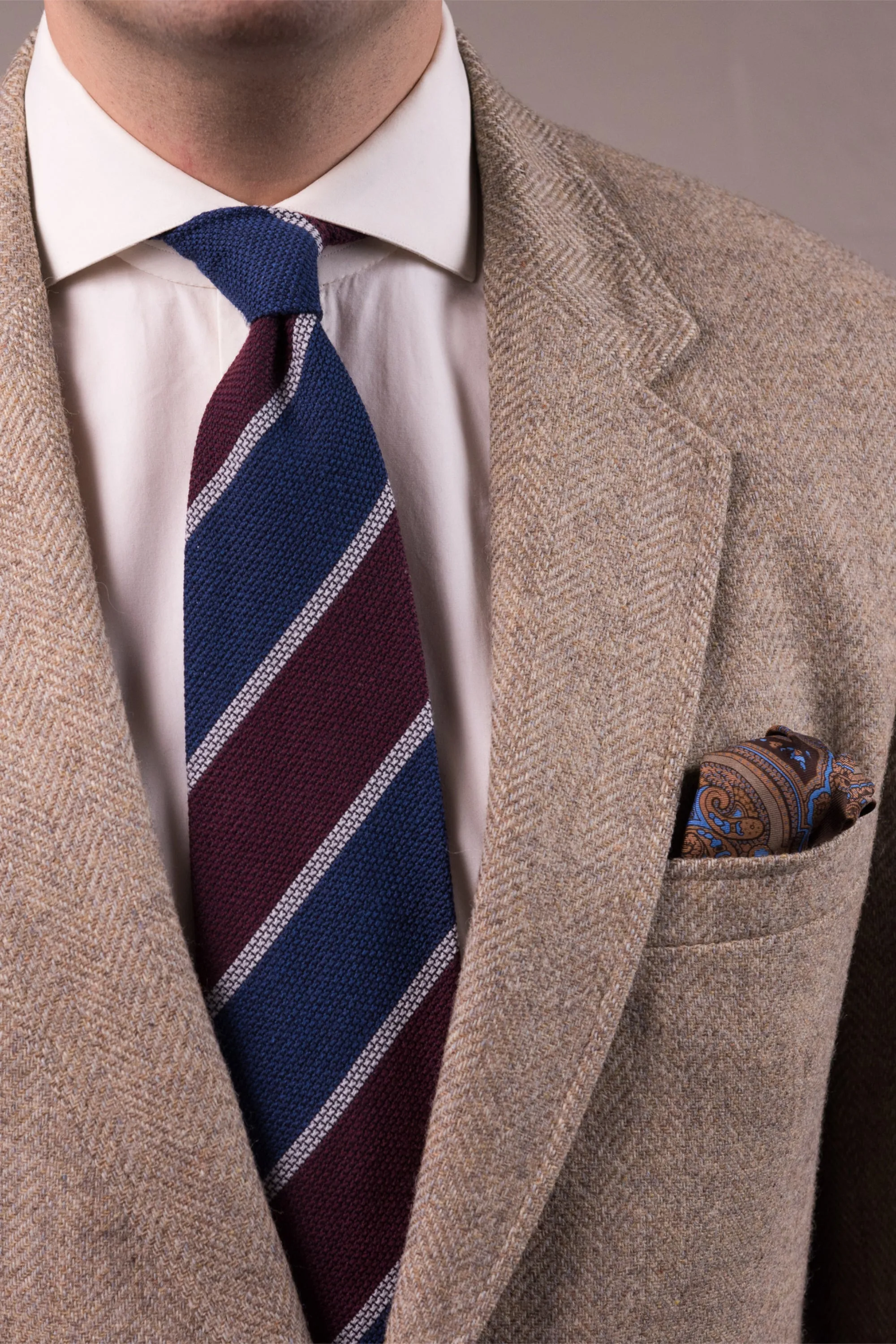 Blue & Burgundy Striped Cashmere Wool Grenadine Tie