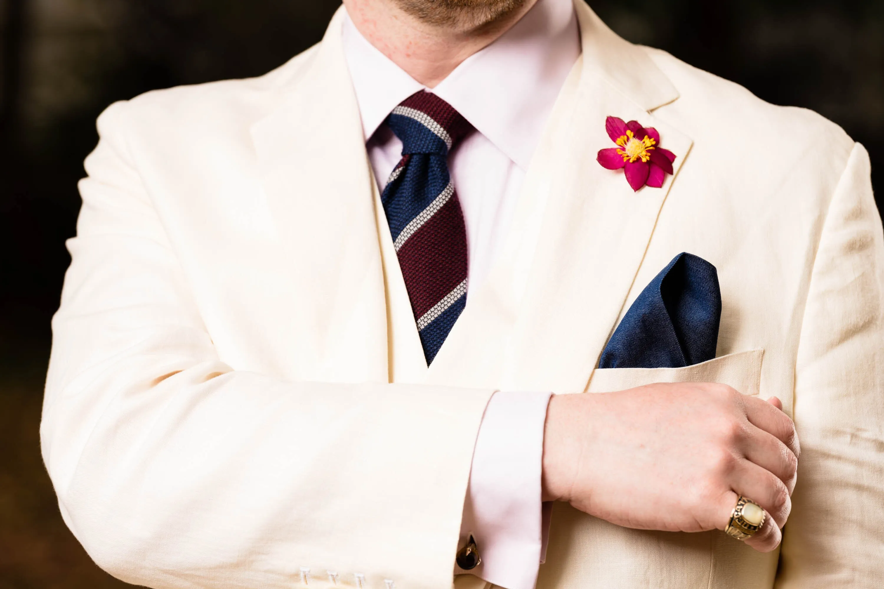 Blue & Burgundy Striped Cashmere Wool Grenadine Tie