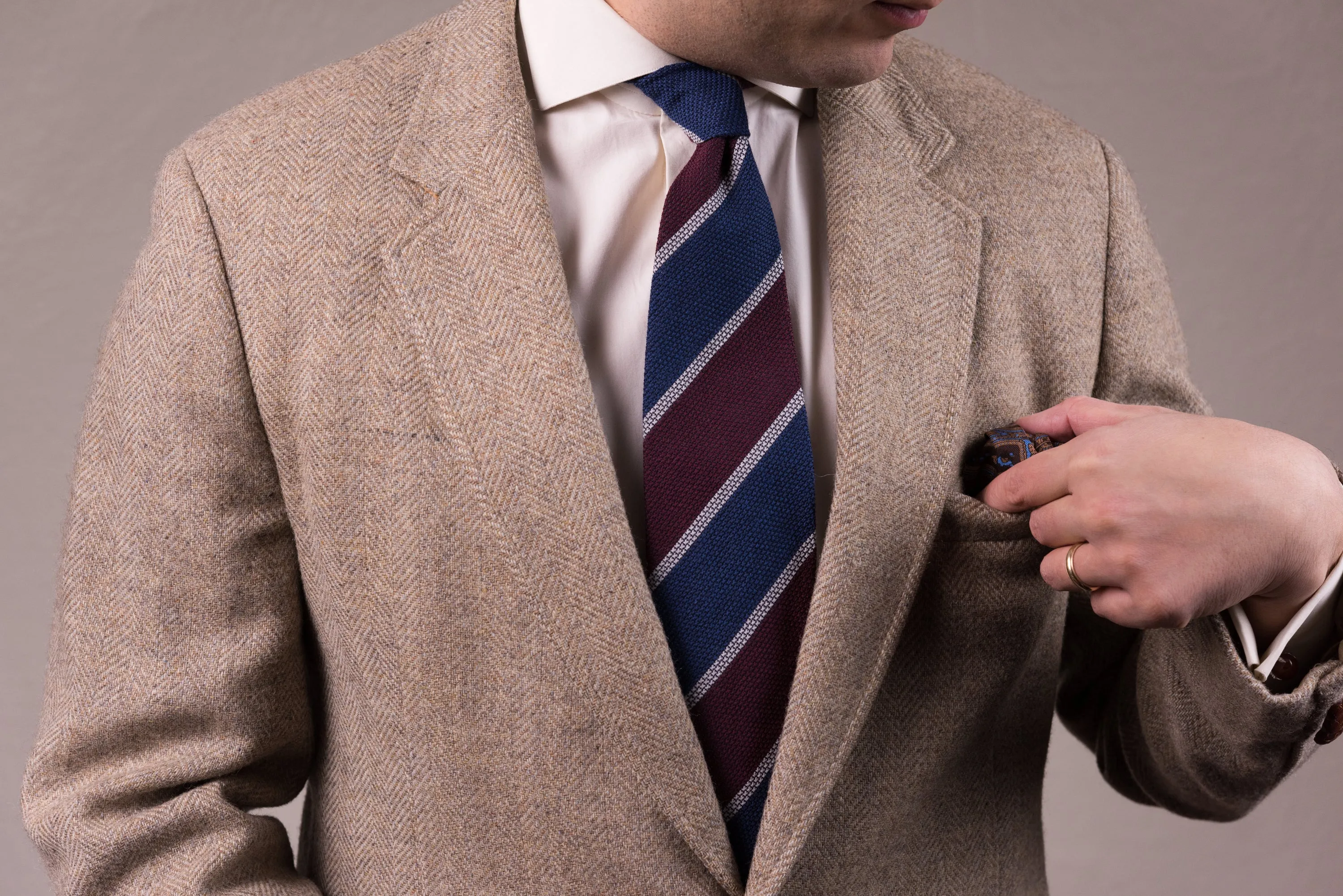 Blue & Burgundy Striped Cashmere Wool Grenadine Tie