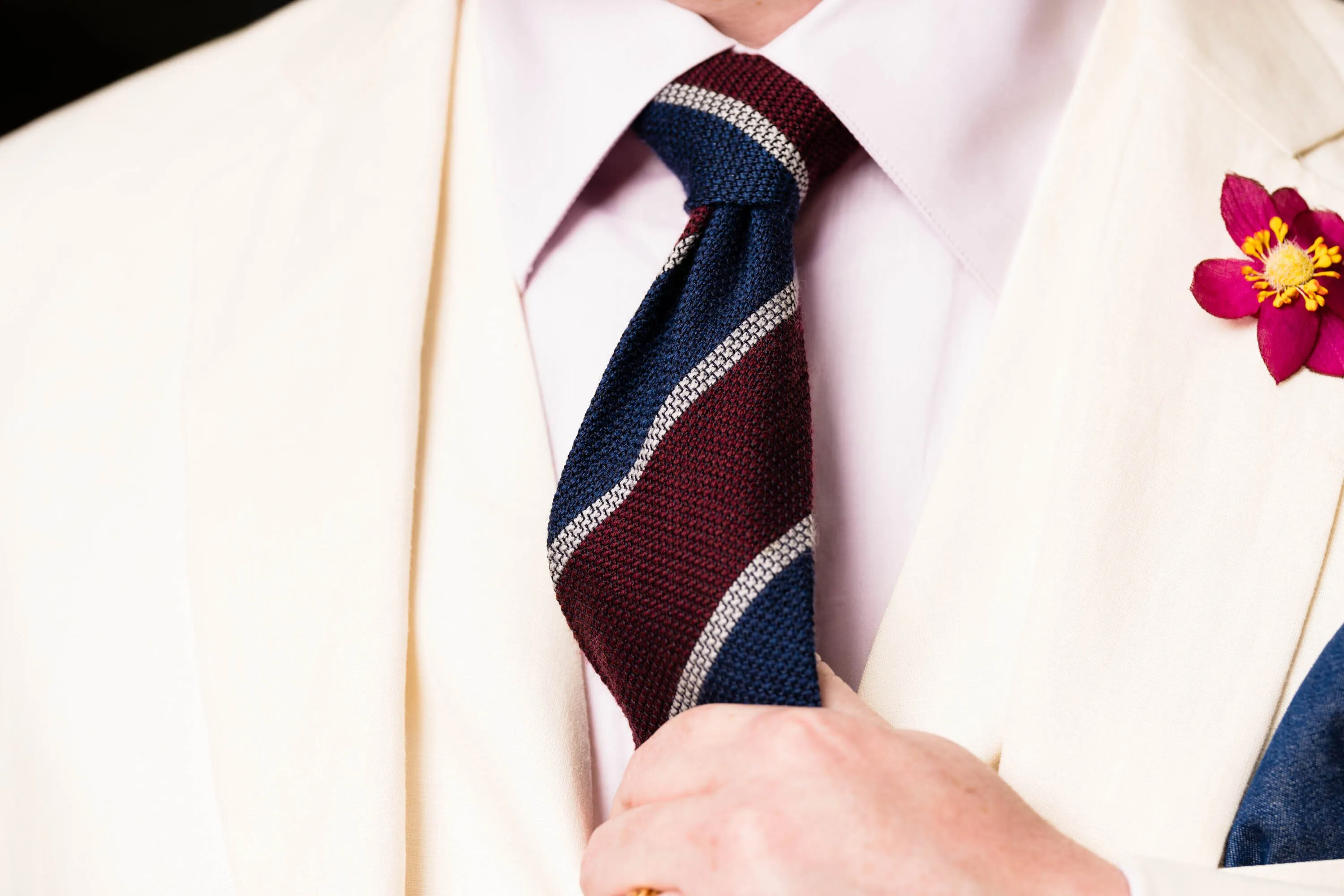 Blue & Burgundy Striped Cashmere Wool Grenadine Tie