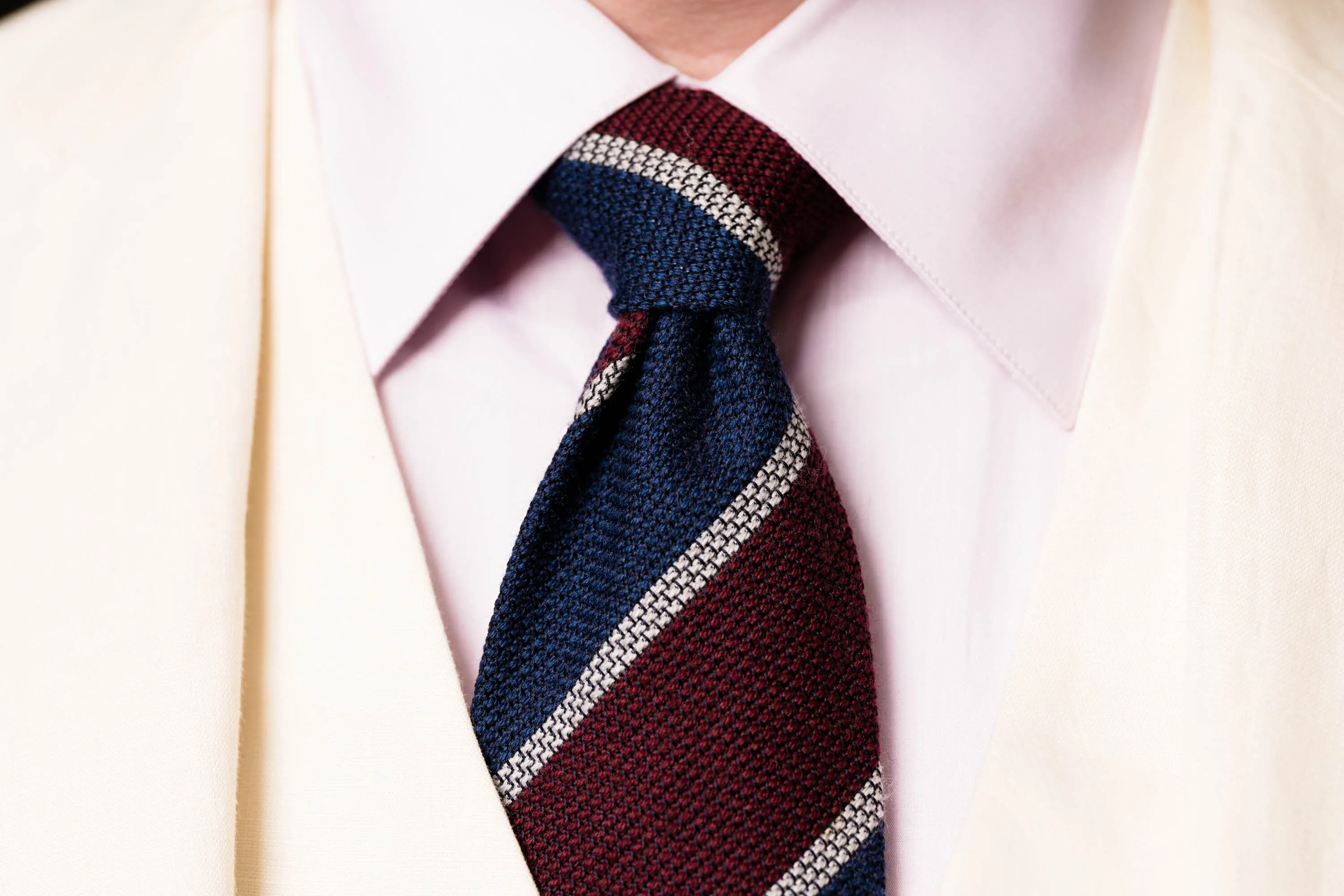 Blue & Burgundy Striped Cashmere Wool Grenadine Tie