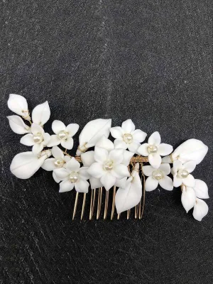 Bridal White Ceramic Flower Hair Comb