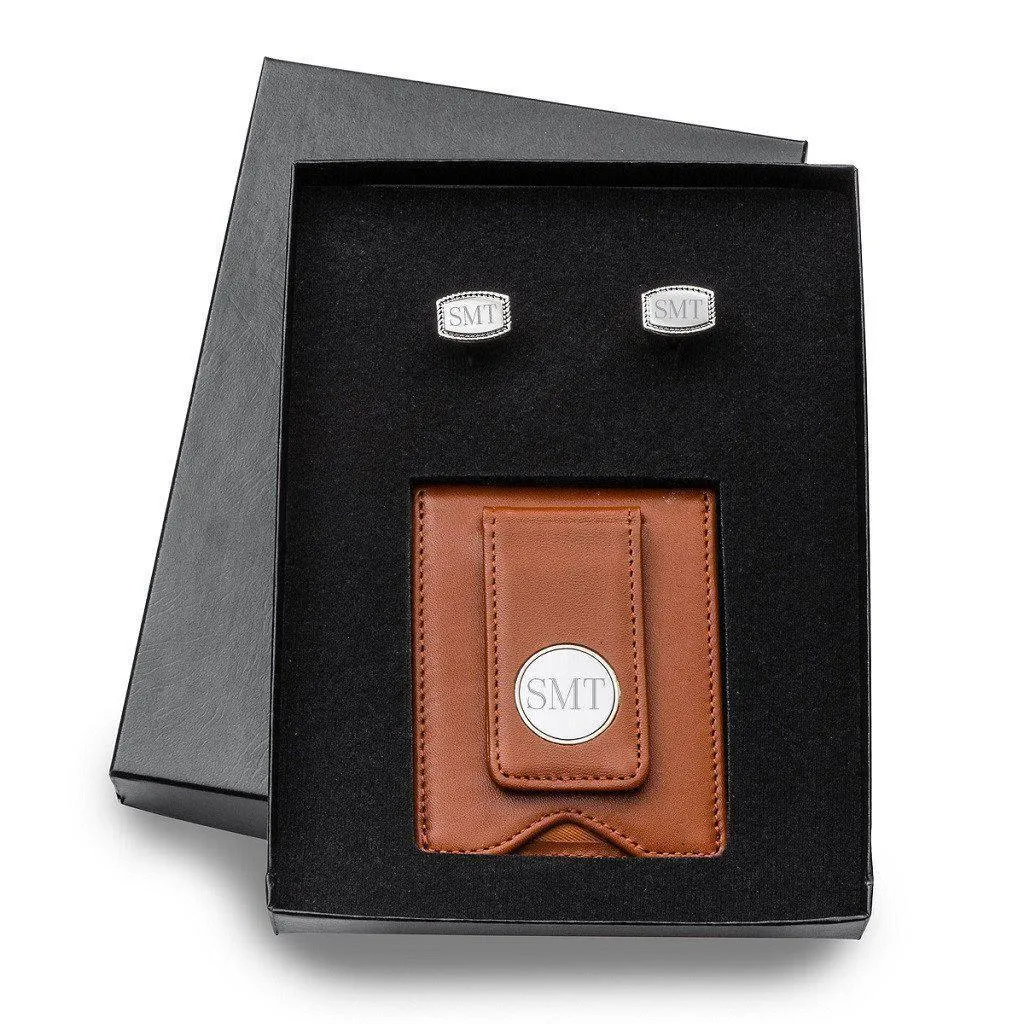 Brown Leather Wallet and Beaded Rectangular Cufflinks Personalized Set