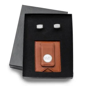 Brown Leather Wallet and Beaded Rectangular Cufflinks Personalized Set