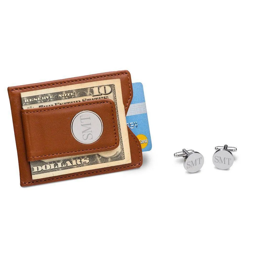 Brown Leather Wallet and Classic Round Cufflinks Personalized Set