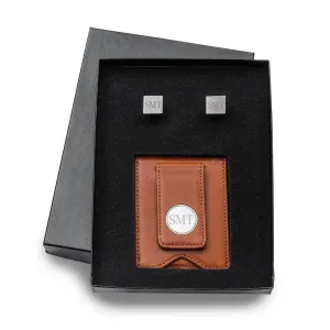 Brown Leather Wallet and Gunmetal Square Cufflinks Personalized Set