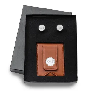 Brown Leather Wallet and Pin Stripe Cufflinks Personalized Set