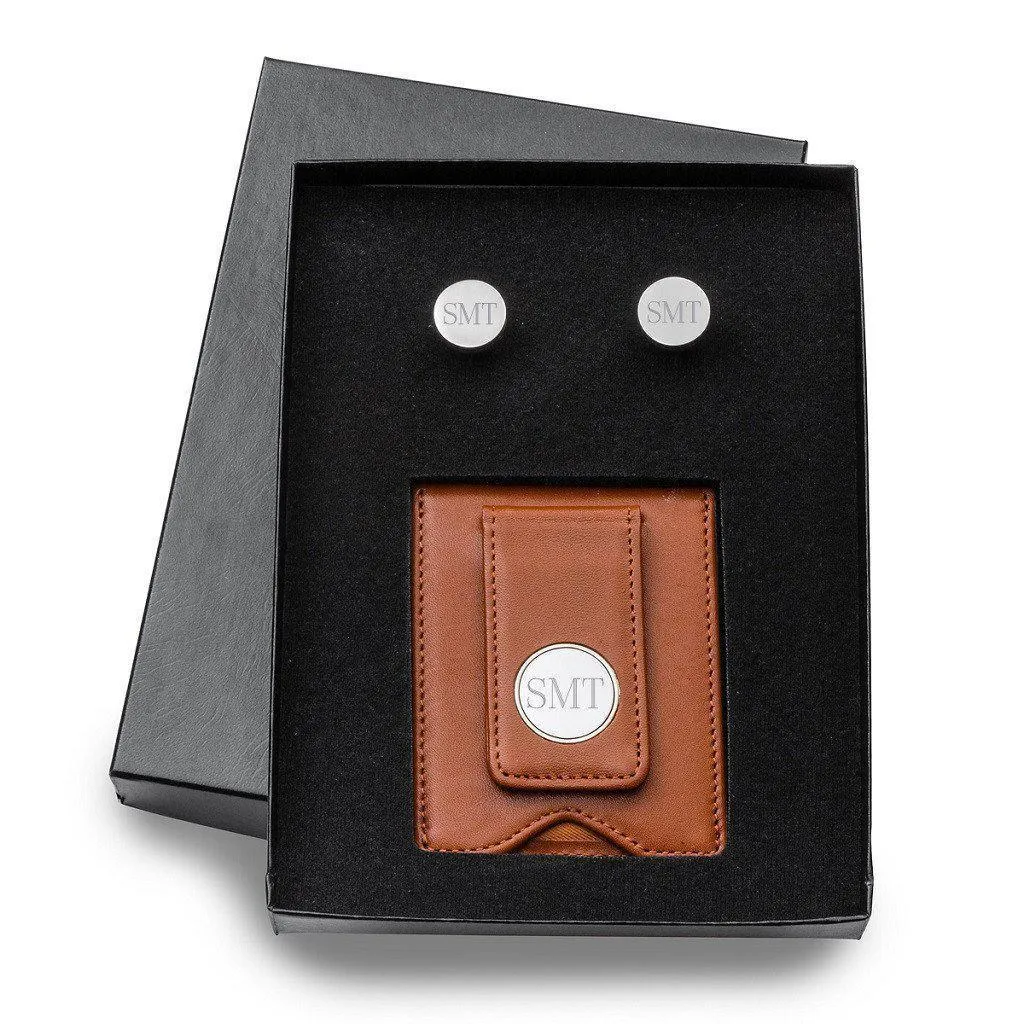 Brown Leather Wallet and Pin Stripe Cufflinks Personalized Set
