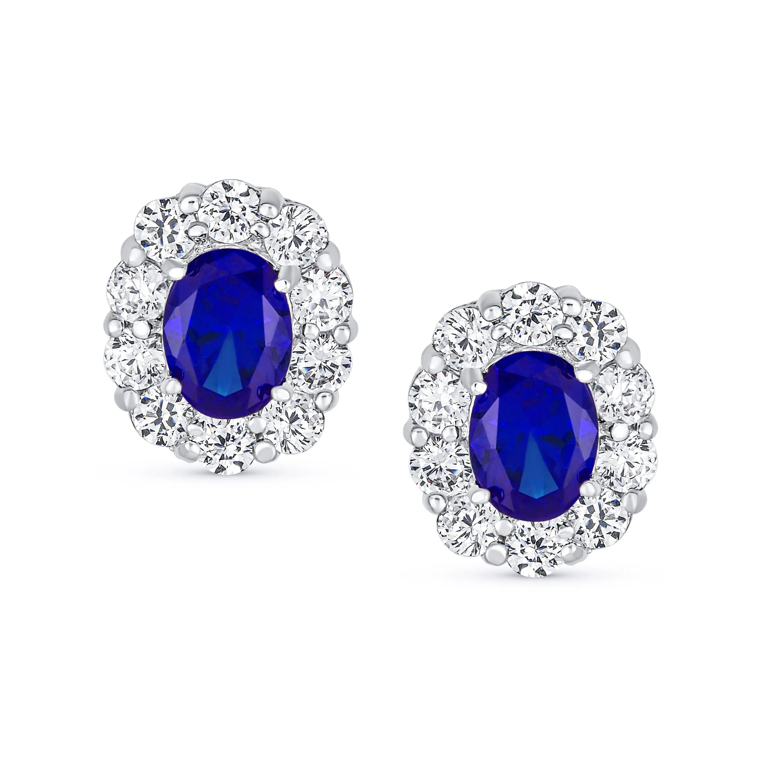 Classic Vintage Style CZ Stud Earrings with Blue Oval Cubic Zirconia Halo