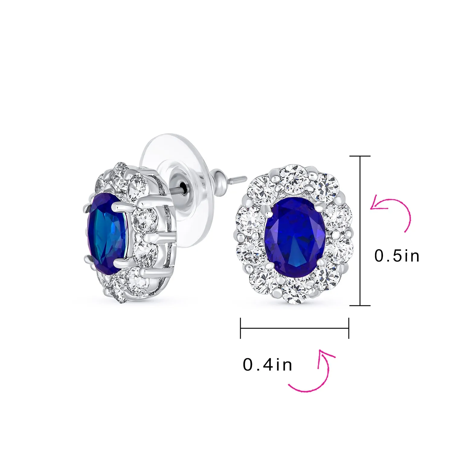 Classic Vintage Style CZ Stud Earrings with Blue Oval Cubic Zirconia Halo
