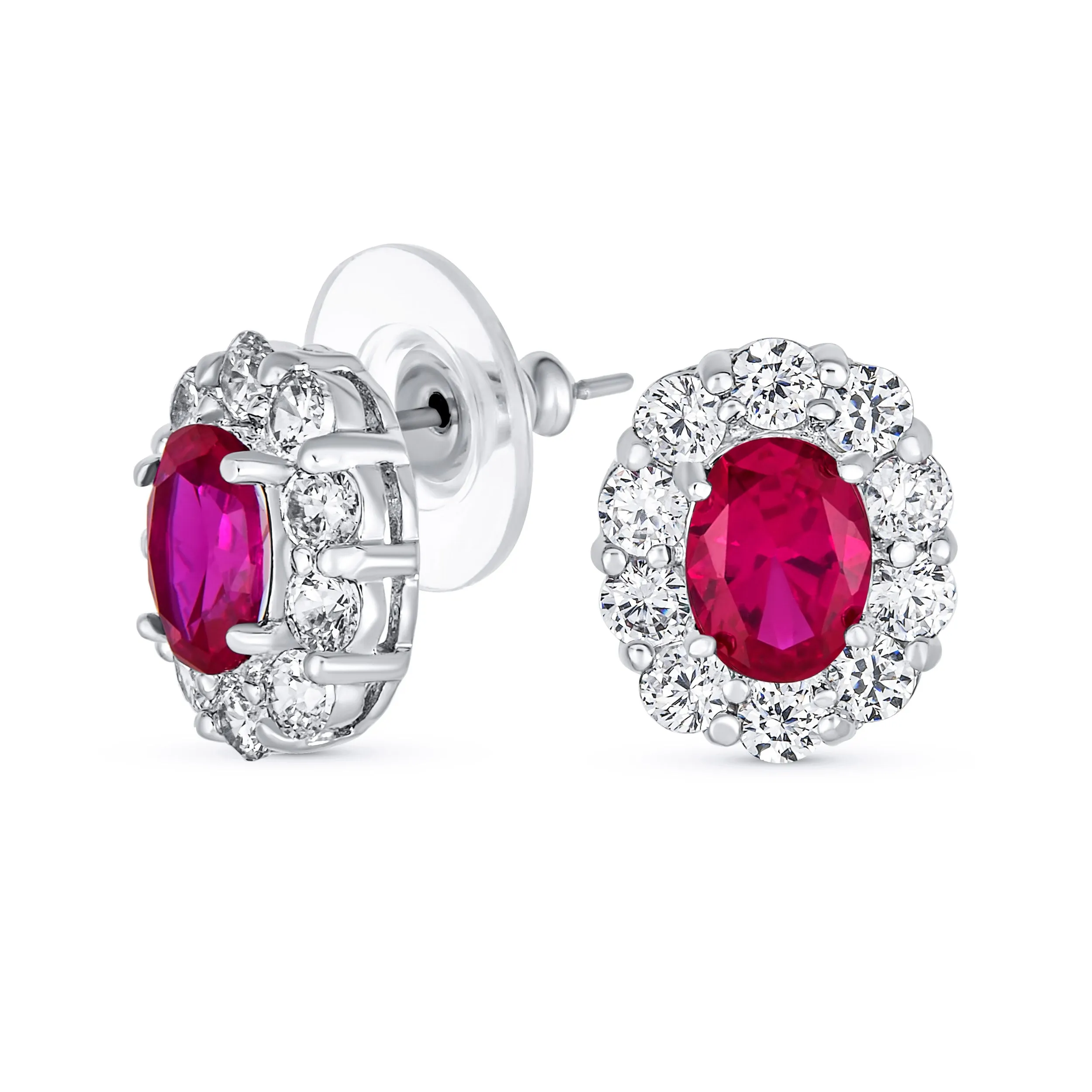 Classic Vintage Style CZ Stud Earrings with Blue Oval Cubic Zirconia Halo