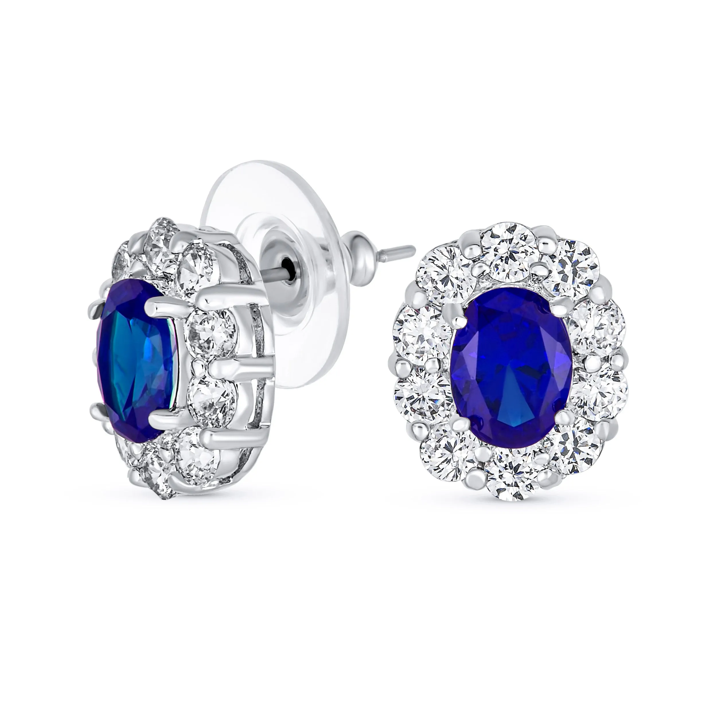 Classic Vintage Style CZ Stud Earrings with Blue Oval Cubic Zirconia Halo