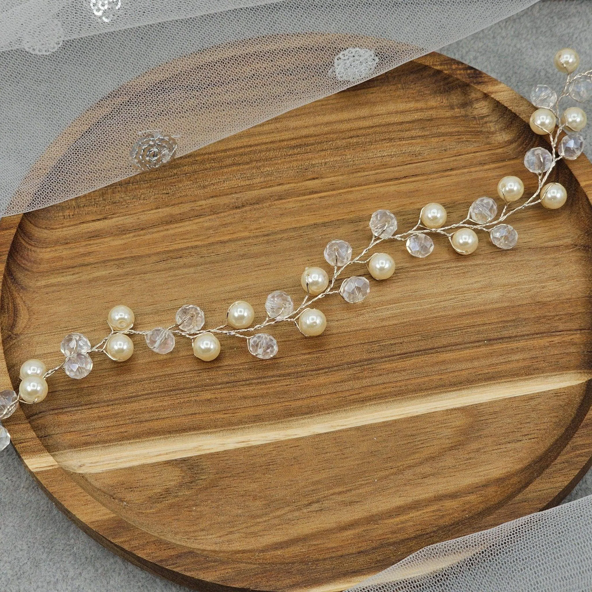 Crystal Beads and Pearls long Bridal Hairvine Hair Brooch Headpiece