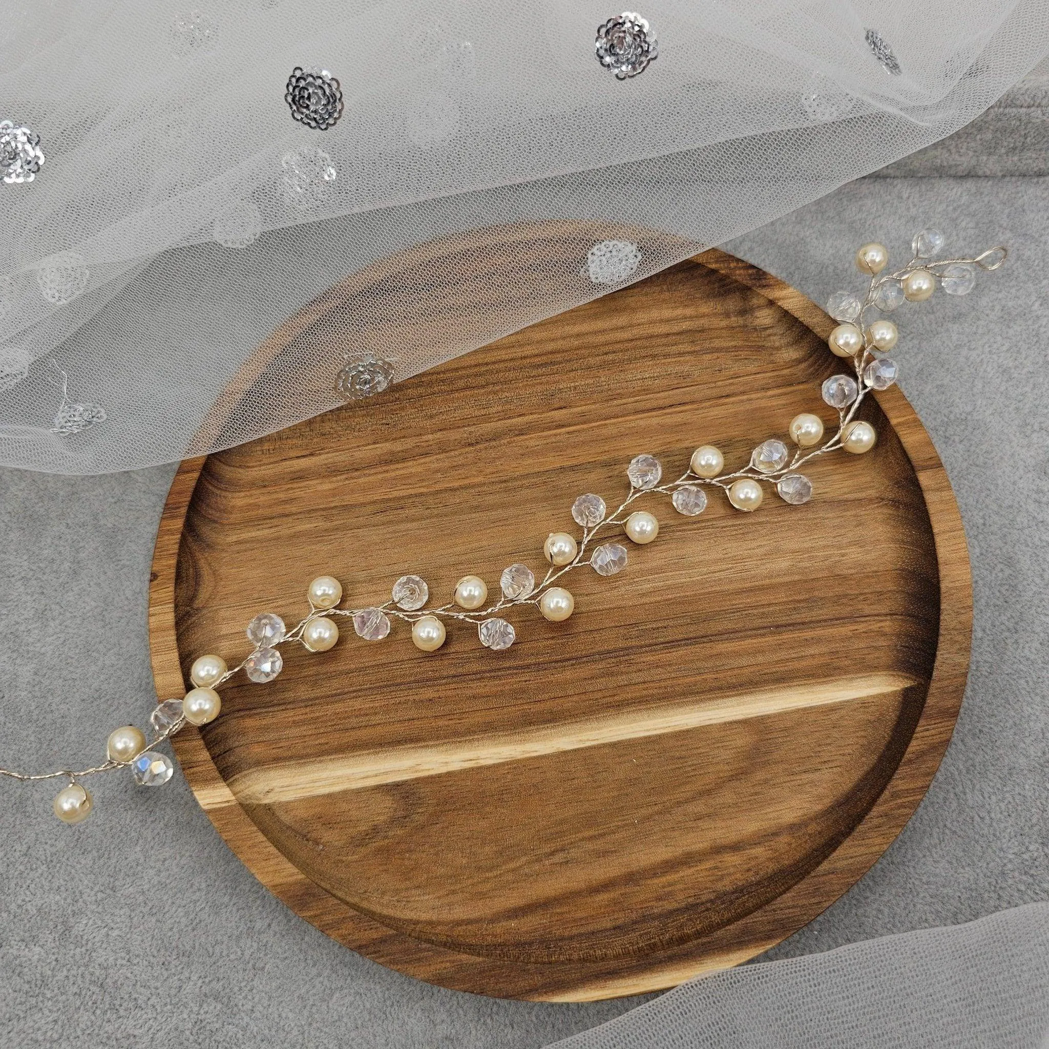 Crystal Beads and Pearls long Bridal Hairvine Hair Brooch Headpiece