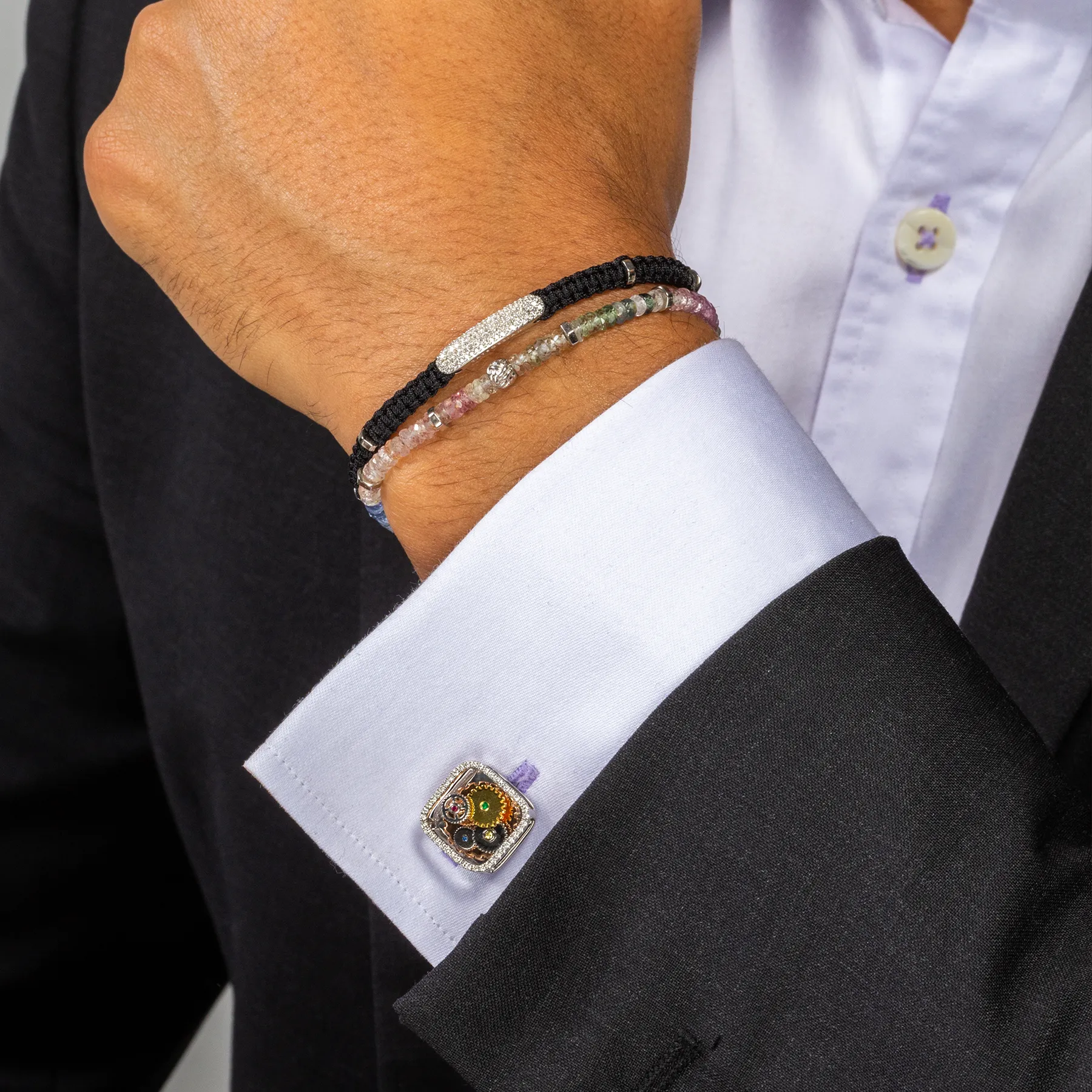 Diamond Gear Cufflinks In Rhodium Plated Silver
