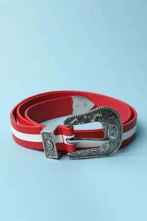 Etched Buckle Leather Stripe Belt