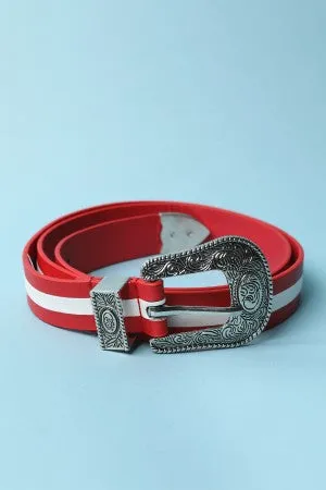 Etched Buckle Leather Stripe Belt