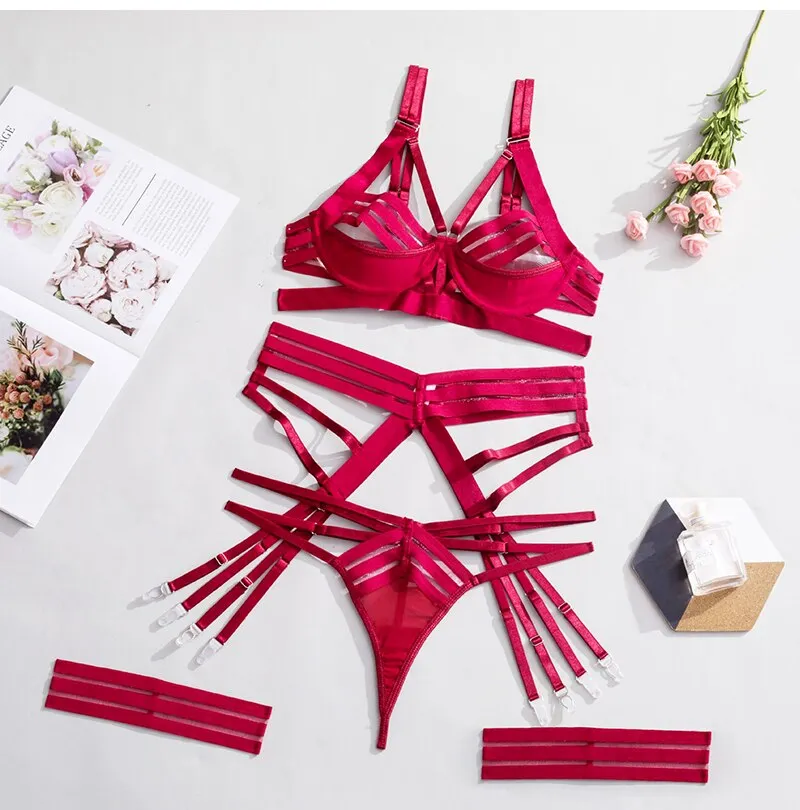 Exotic Costumes Women Strappy Sleepwear Sexy Lingerie Set with Garter Belt Porn Babydolls Bodysuits Sex Underwear Outfits Dress