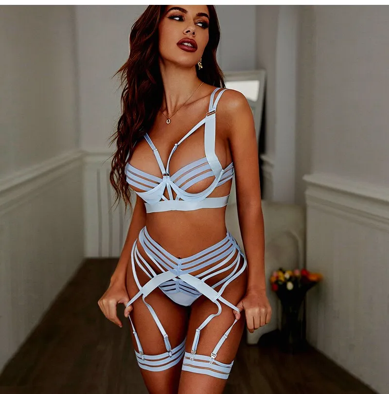 Exotic Costumes Women Strappy Sleepwear Sexy Lingerie Set with Garter Belt Porn Babydolls Bodysuits Sex Underwear Outfits Dress