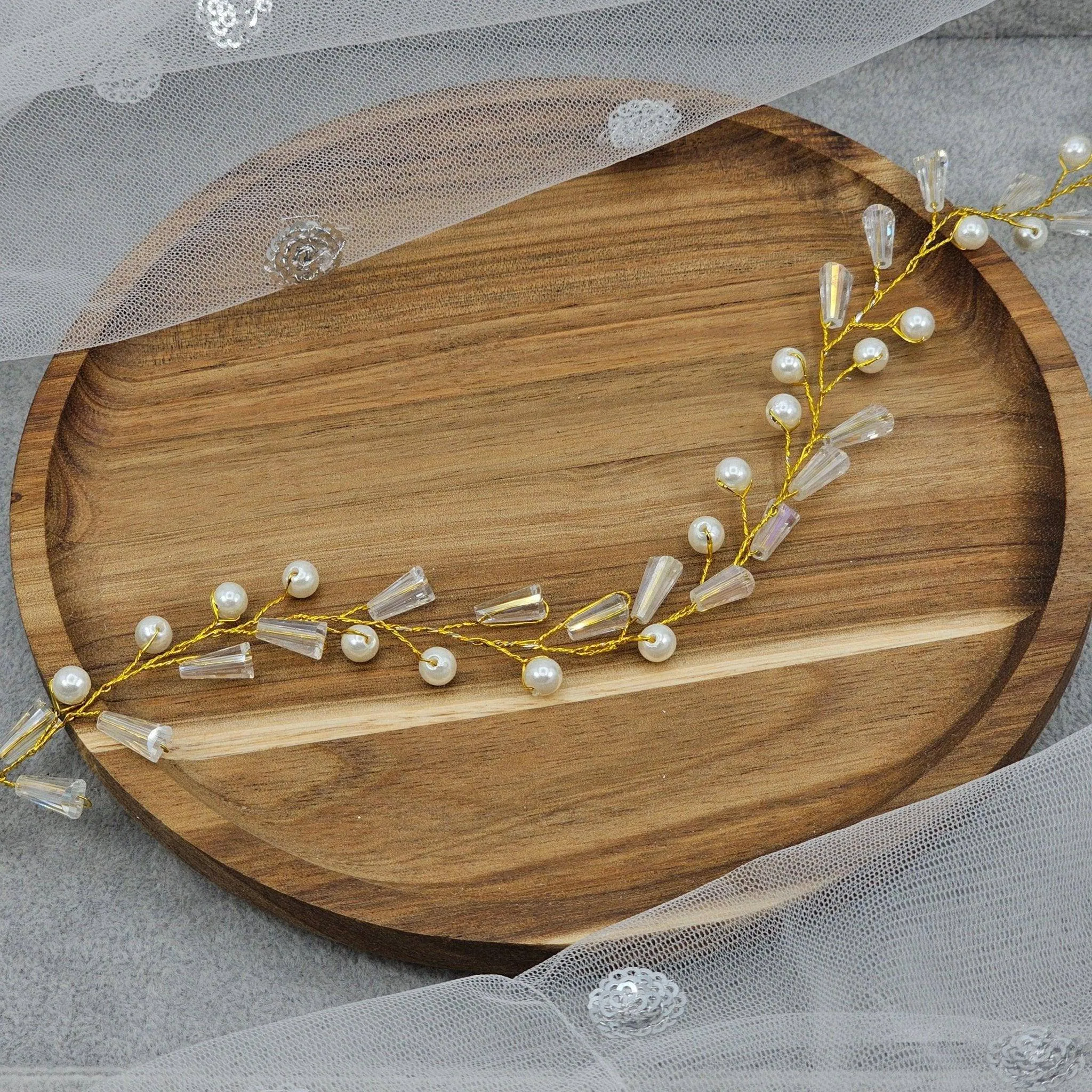 Gold Crystal Beads long Bridal Hairvine Hair Brooch Headpiece