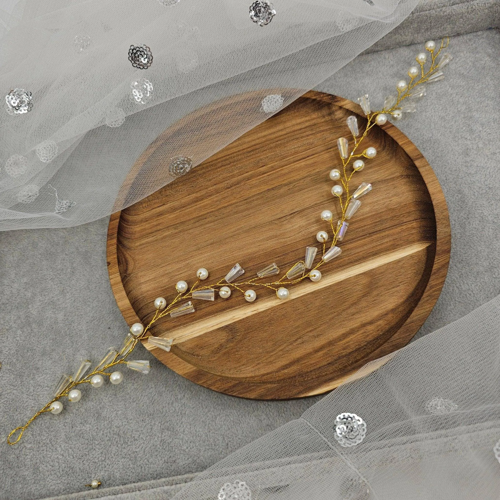 Gold Crystal Beads long Bridal Hairvine Hair Brooch Headpiece
