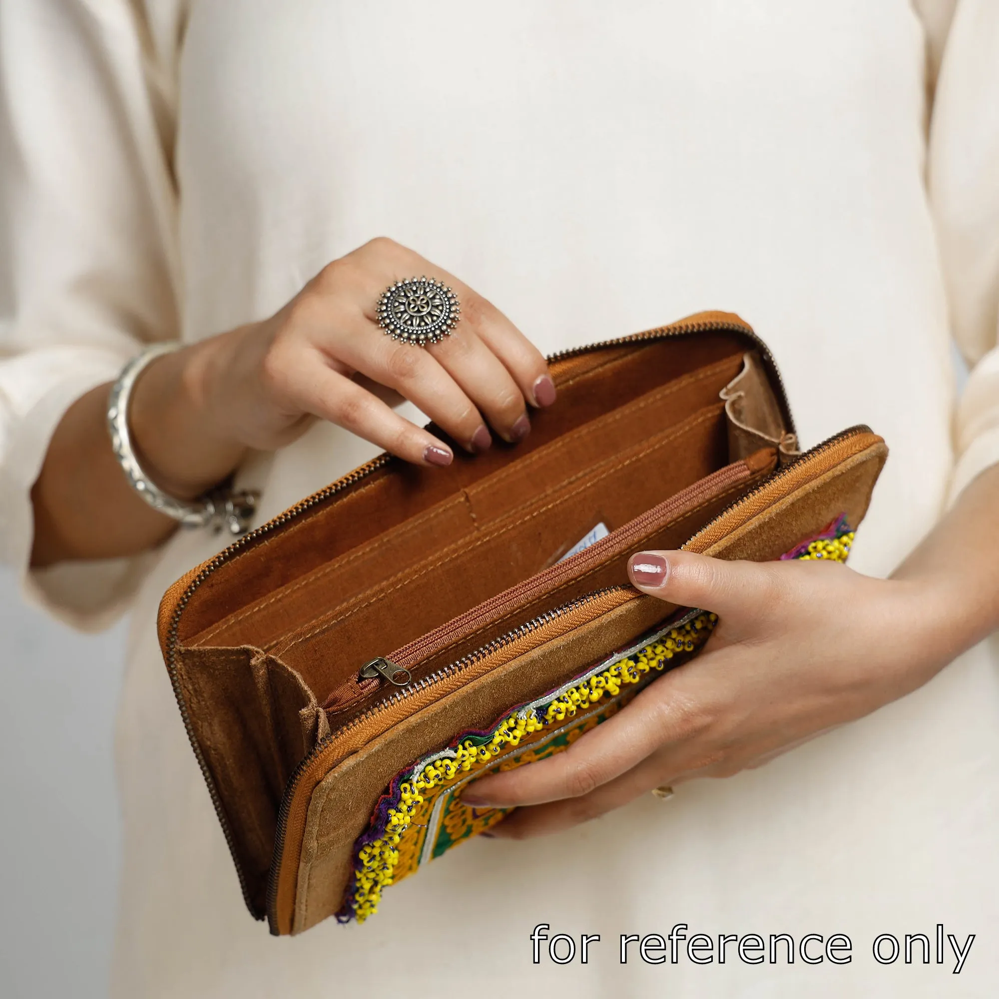 Green - Banjara Vintage Embroidery Beadwork Suede Leather Wallet