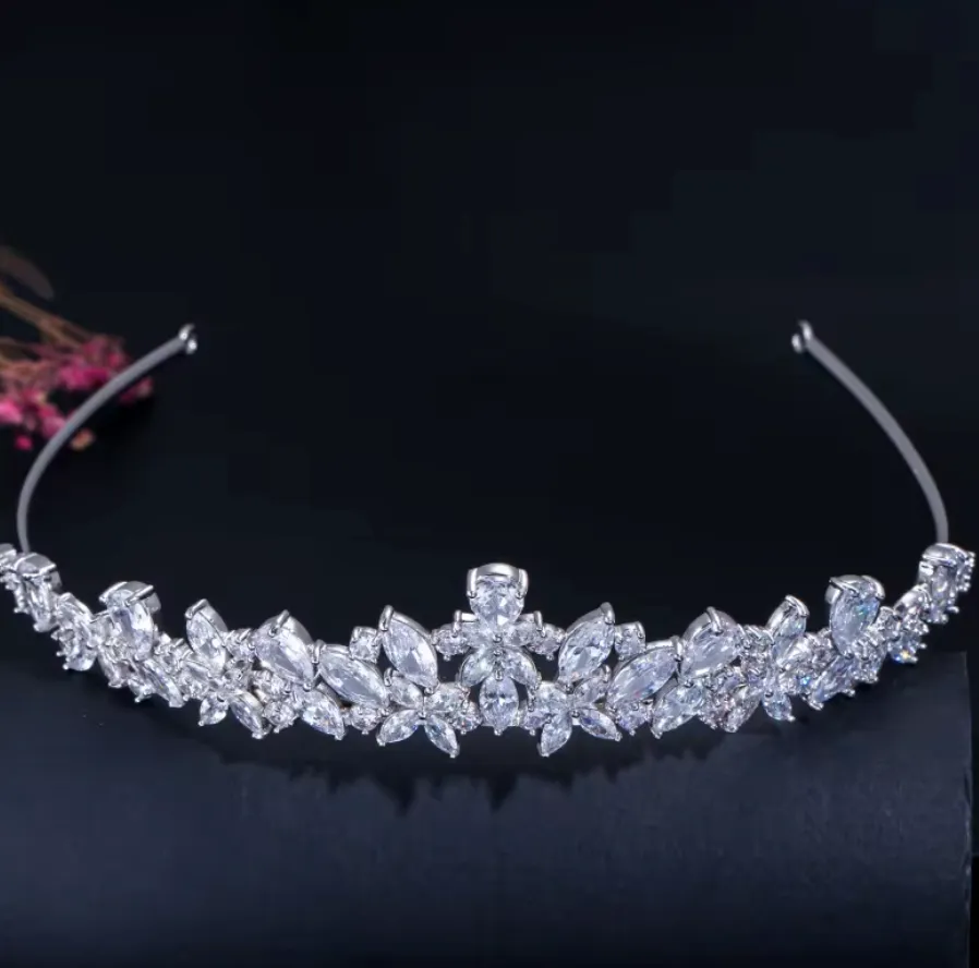 High Quality Cubic Zirconia Romantic Bridal Flower Tiara Crown Wedding Bridesmaid Hair Accessories