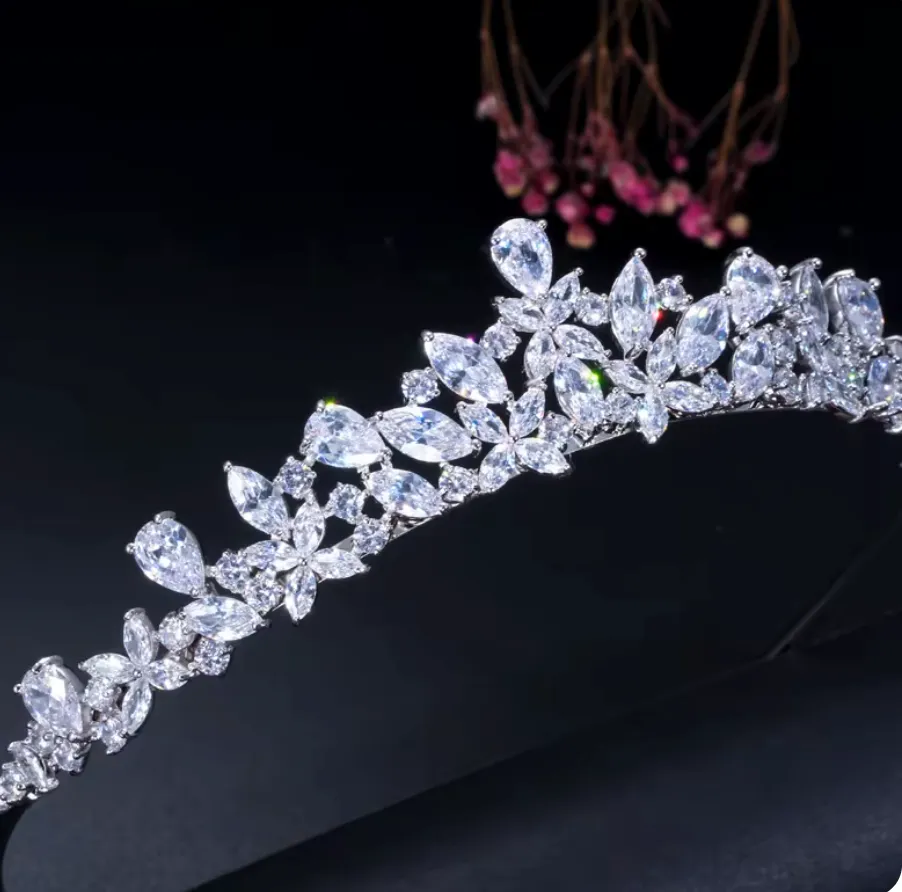 High Quality Cubic Zirconia Romantic Bridal Flower Tiara Crown Wedding Bridesmaid Hair Accessories