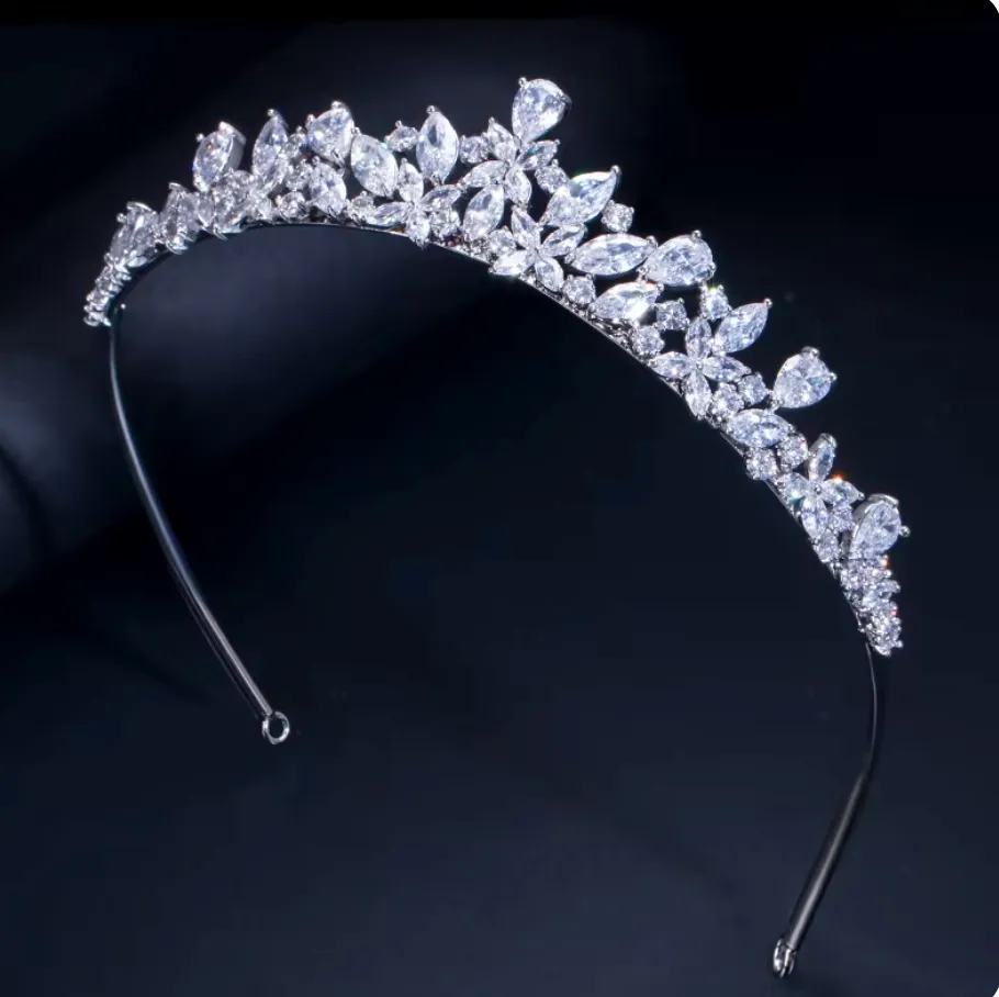 High Quality Cubic Zirconia Romantic Bridal Flower Tiara Crown Wedding Bridesmaid Hair Accessories
