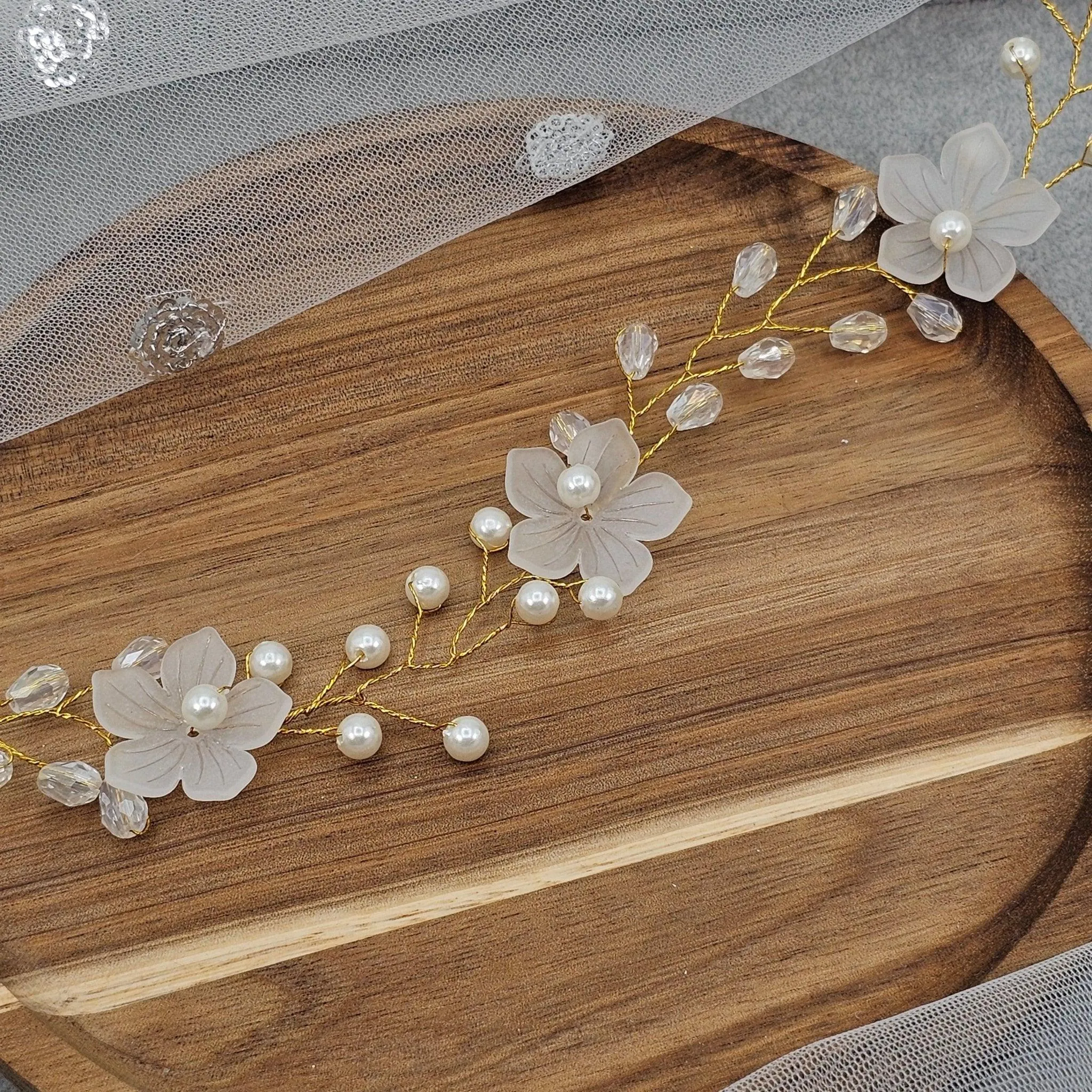 Ivory Gold long Bridal Hairvine Hair Brooch Headpiece