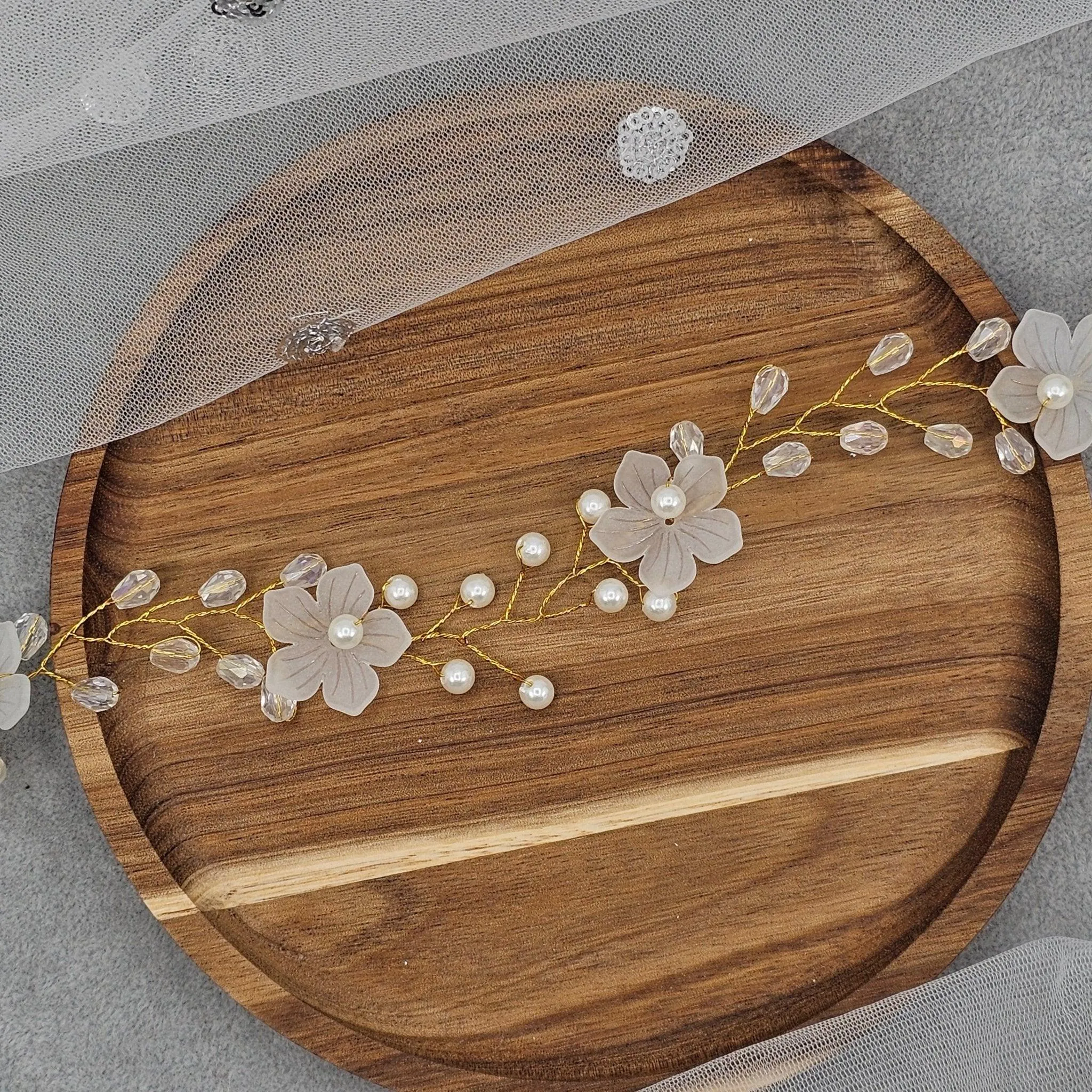 Ivory Gold long Bridal Hairvine Hair Brooch Headpiece