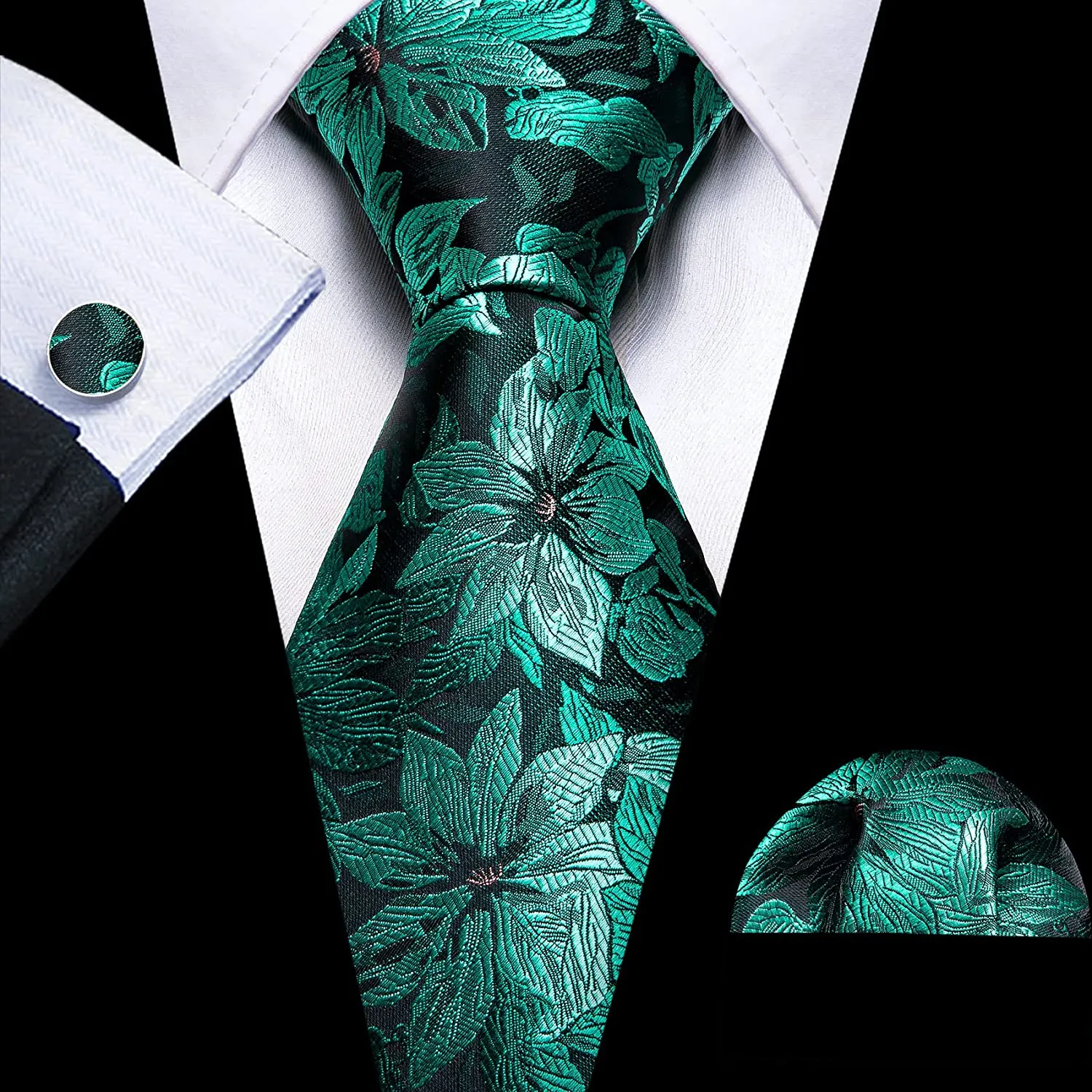 Men's Dark Green Floral Paisley Print Silk Tie Set w/Handkerchief & Cufflinks