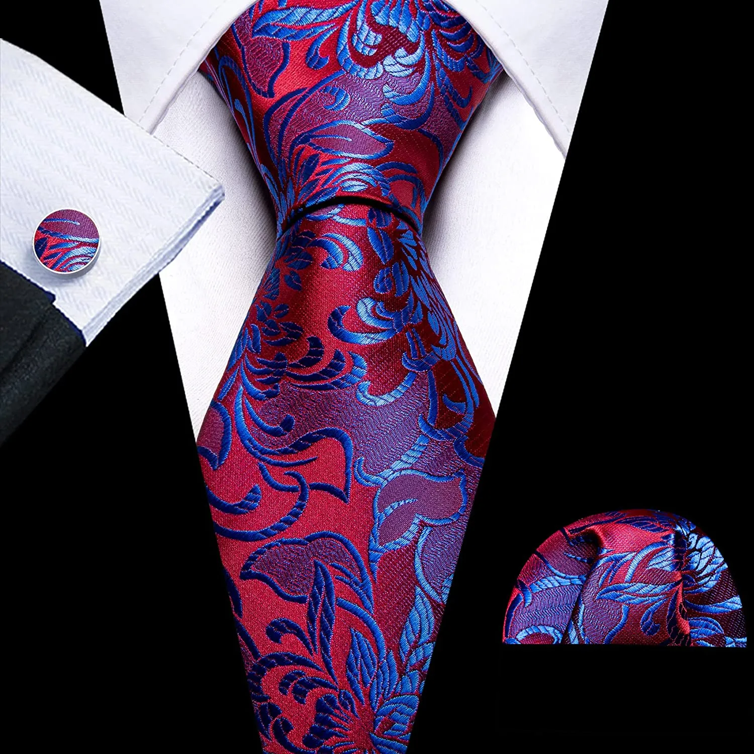Men's Dark Green Floral Paisley Print Silk Tie Set w/Handkerchief & Cufflinks