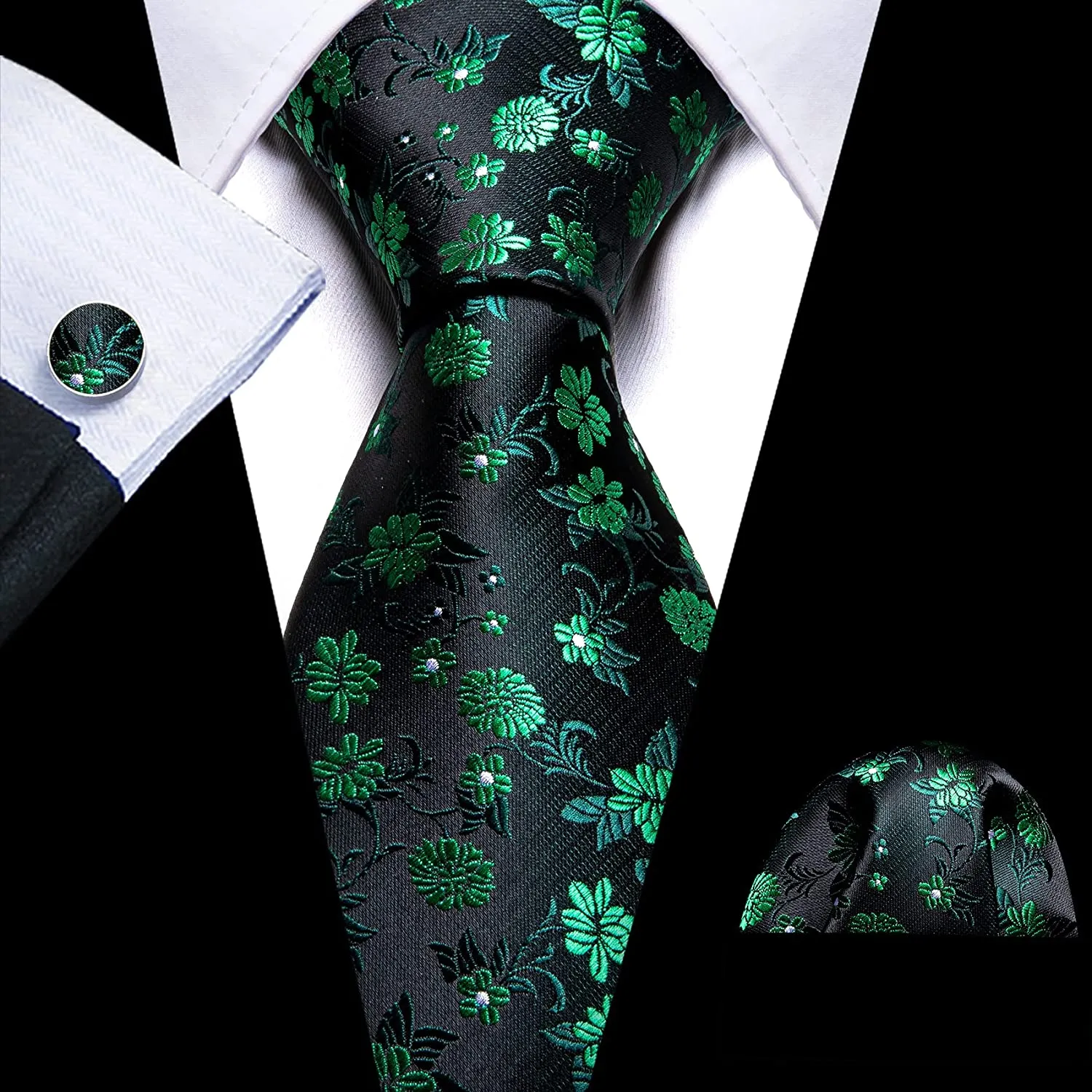 Men's Dark Green Floral Paisley Print Silk Tie Set w/Handkerchief & Cufflinks