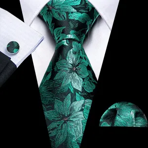 Men's Dark Green Floral Paisley Print Silk Tie Set w/Handkerchief & Cufflinks