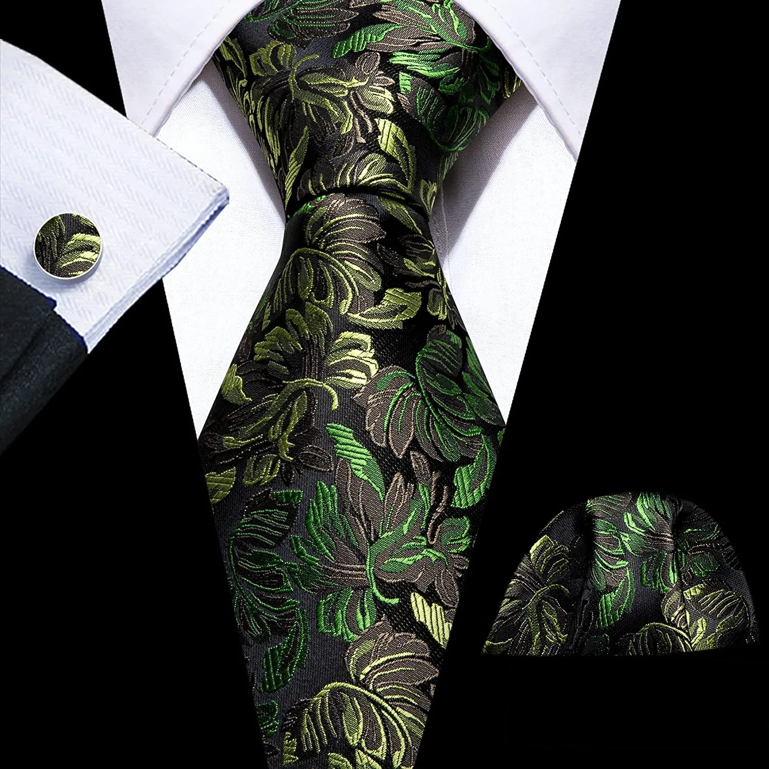Men's Dark Green Floral Paisley Print Silk Tie Set w/Handkerchief & Cufflinks