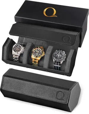 Napa Leather Watch Rolls for Men - Hexagon Triple Watch Roll Travel Case for 3 Watches - Storage Organizer Genuine Leather with Velvet Interior Display (Black/Charcoal)