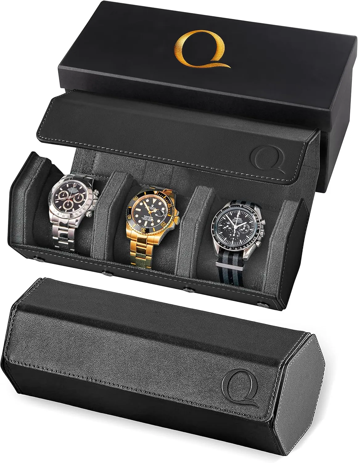 Napa Leather Watch Rolls for Men - Hexagon Triple Watch Roll Travel Case for 3 Watches - Storage Organizer Genuine Leather with Velvet Interior Display (Black/Charcoal)