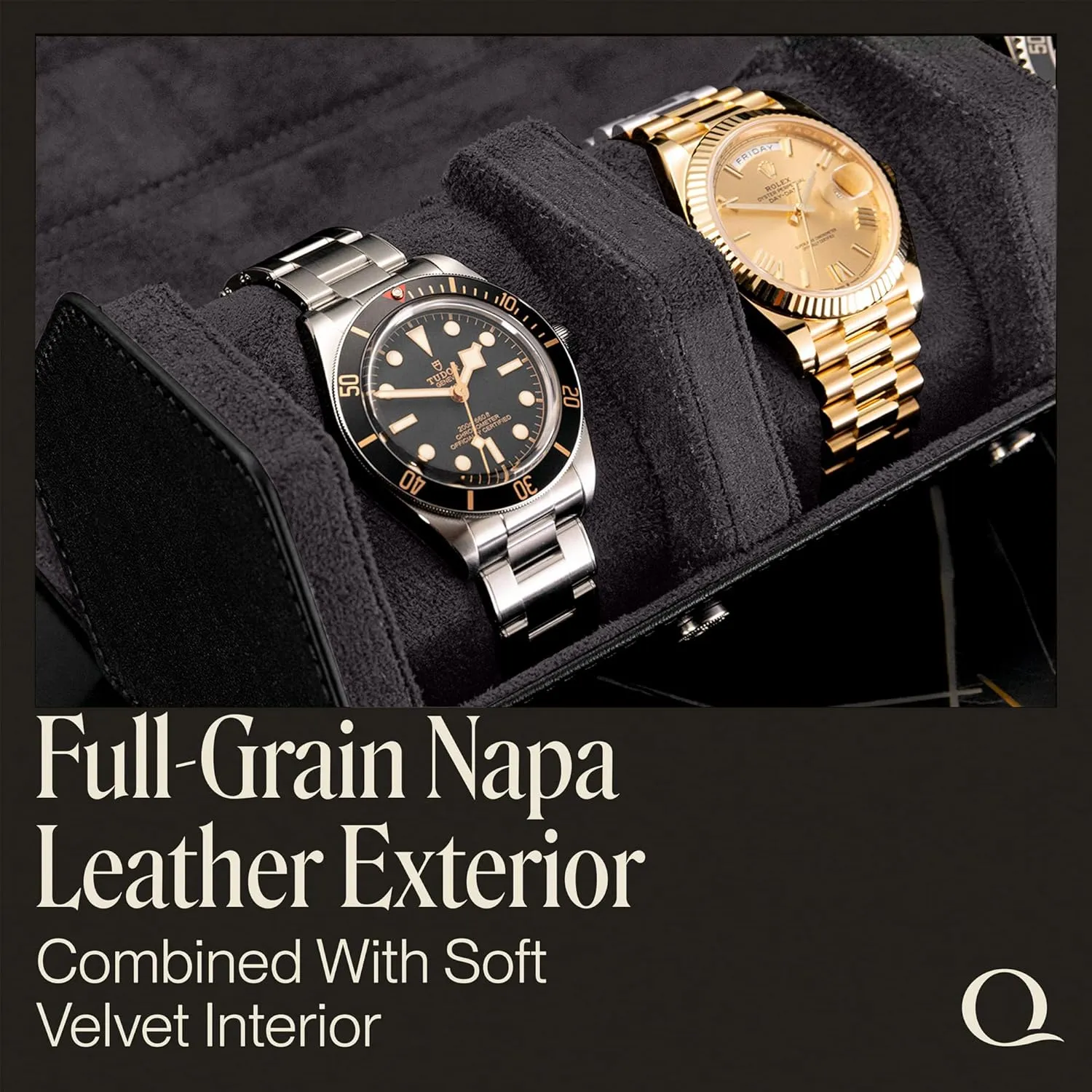 Napa Leather Watch Rolls for Men - Hexagon Triple Watch Roll Travel Case for 3 Watches - Storage Organizer Genuine Leather with Velvet Interior Display (Black/Charcoal)