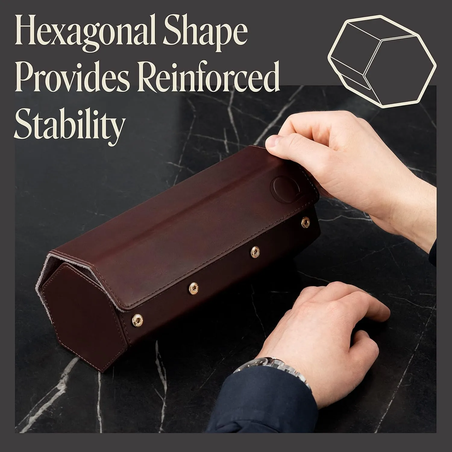 Napa Leather Watch Rolls for Men - Hexagon Triple Watch Roll Travel Case for 3 Watches - Storage Organizer Genuine Leather with Velvet Interior Display (Brown/Gray)