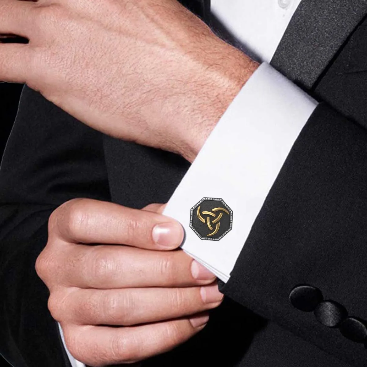 Odin Luxe, Spiritual Cufflink Set with CZ Diamonds, 18kt Gold & Black Ruthenium Plating on Brass.