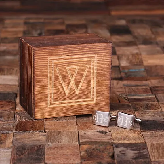 Personalised Engraved Cufflinks – Classic Monogram with Wood Box