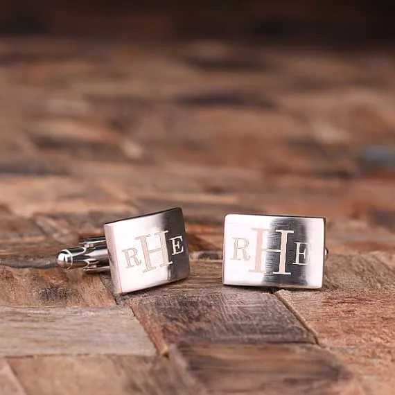 Personalised Engraved Cufflinks – Classic Monogram with Wood Box