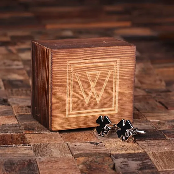 Personalised Engraved Cufflinks – Shamrock with Wood Box